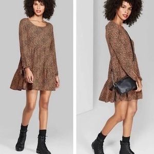 WILD FABLE Animal Print Baby Doll Long Sleeve Mini Dress Sz XS